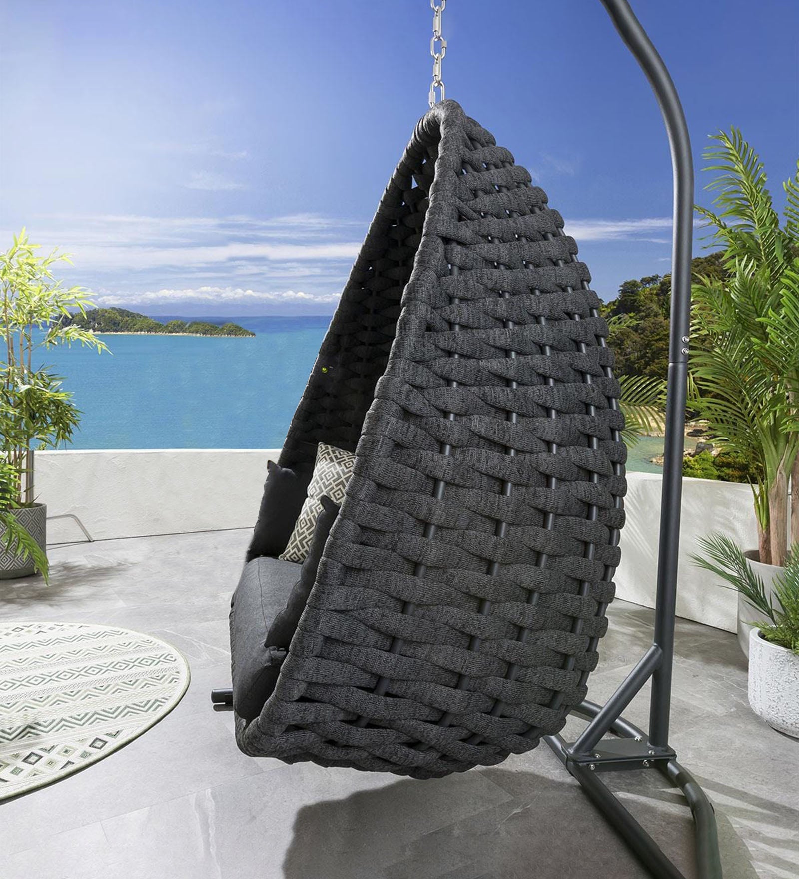 Eurig Single Seater Hanging Swing With Stand For Balcony, Garden (Grey) Braided & Rope