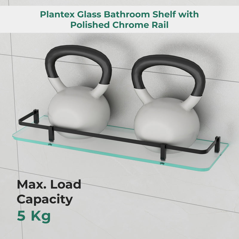 Plantex Shelf for Bathroom/Frosted Glass Shelf with Brass Railing and Brackets/Wall Mount Shelf for Living Room/Kitchen - Pack of 2 (18 x 6 inch, Black)-4