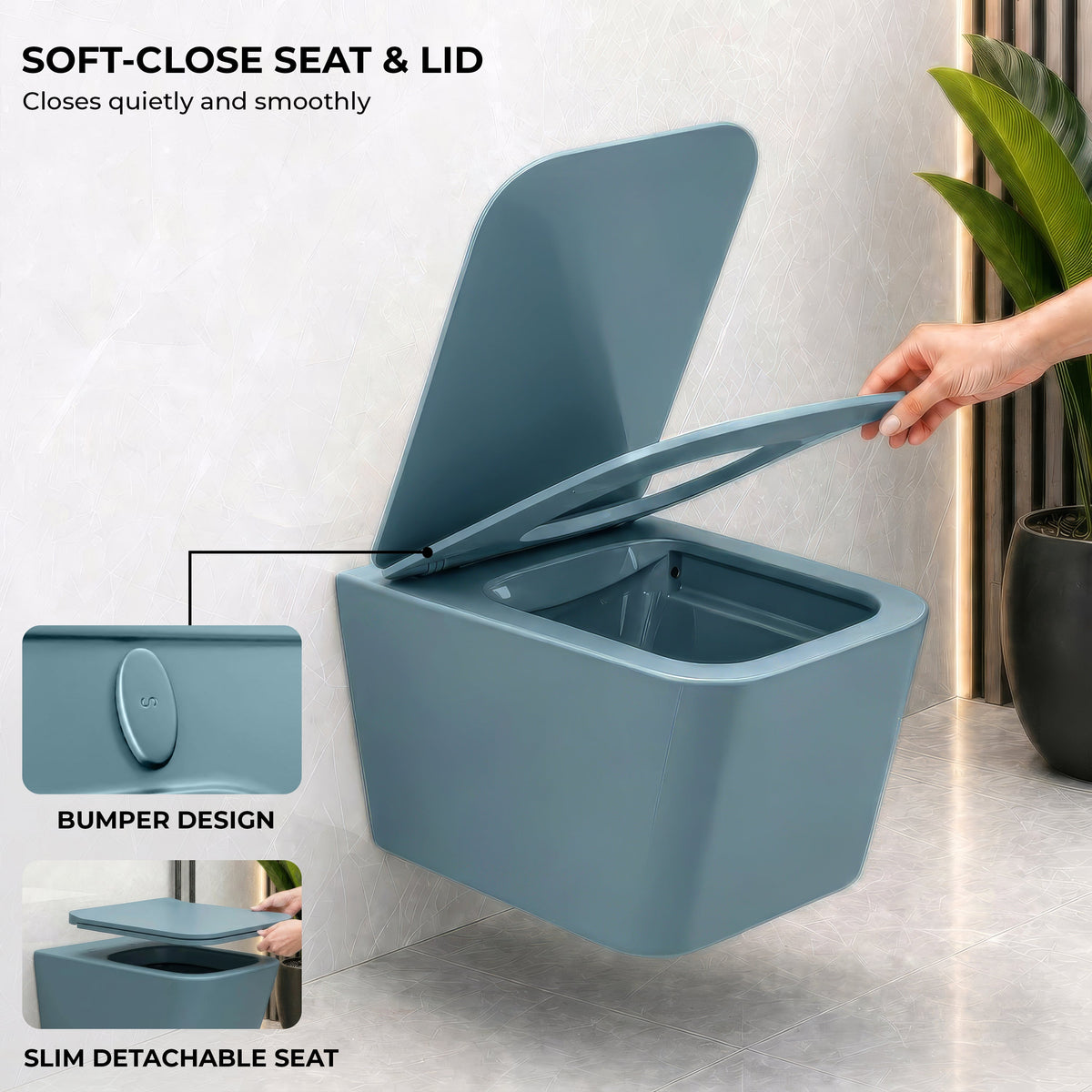 Plantex Imported Ceramic Commode/Western Toilet/Wall Hanging Commode for Bathroom with Soft Closing Toilet Seat Cover- P Trap (Harmony Blue)-5