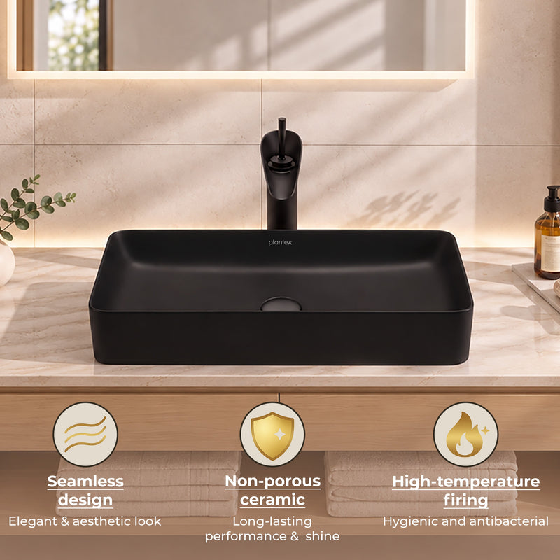 Plantex Ceramic Basin/Tabletop Wash Basin for Bathroom/Rectangle Over Counter Vessel Sink for Restaurant/Hotel (Matt Black, 24 x 14 x 4.5 Inch)-5