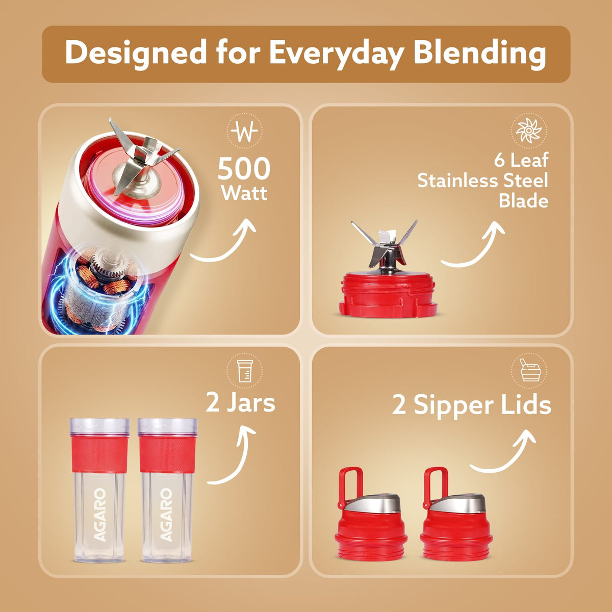 AGARO Primo Plus Personal Blender with 2 (500ml) Jars Red-4