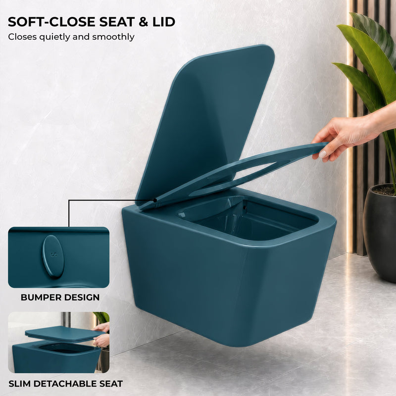 Plantex Imported Ceramic Wall Hung Commode for Toilet/Rimless Washdown Flushing/Western Commode with Soft Closing Toilet Seat - P Trap - (Pine Blue)-5