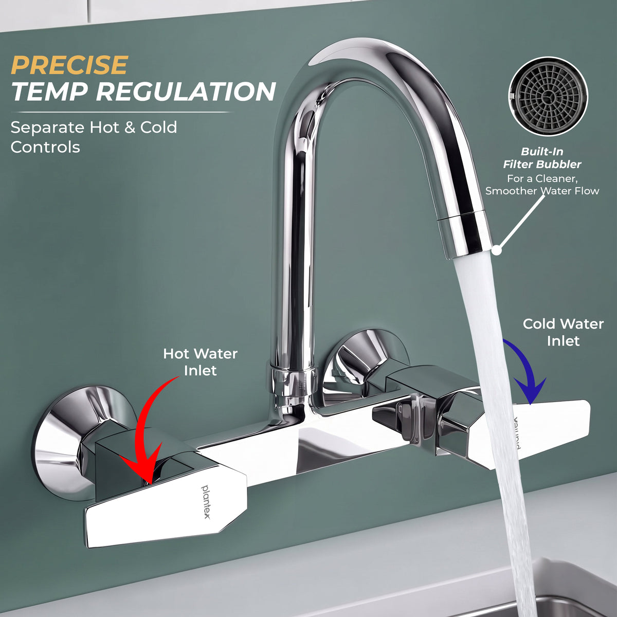 Plantex Mixer Tap for Kitchen with Wall Flange and Teflon Tape/Kitchen Sink Taps/Sink Mixer Tap Hot and Cold with 360‚° Swivel Spout (Celesiya-1248)-5