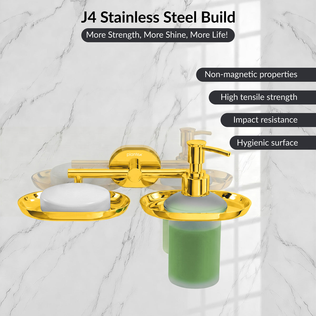 Plantex J4 Stainless Steel Soap Dish with Liquid Dispenser/Soap Stand for Bathroom Wall Mount/Shampoo Dispenser/Bathroom Accessories (PVD Gold Finish) Onix-3