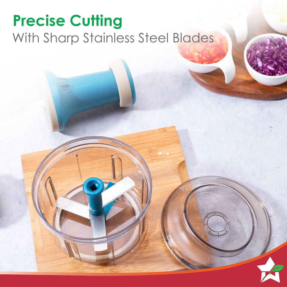 Wonderchef Glory Push Chopper | 800 ml | 3 Stainless Steel Blades | Anti-Slip Silicone | Air Tight Lid | Silicone Suppor