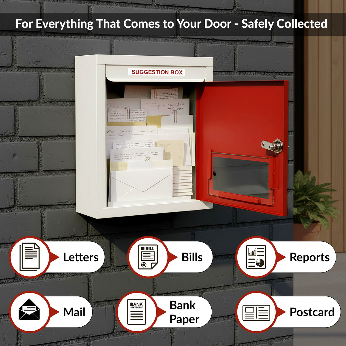 Plantex All in 1 Multipurpose Letter Box/Suggestion Box/Complaint Box/Donation Box with Lock Table Top or Wall Mount (Red & Ivory)-5