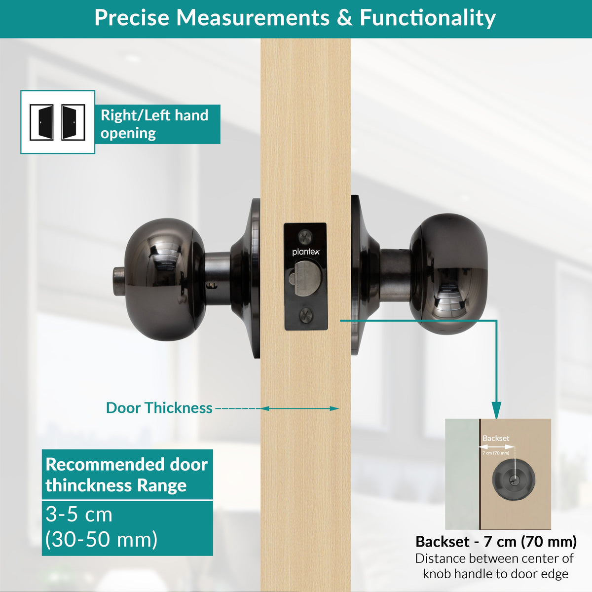 Plantex Stainless Steel Bathroom Door Lock/Keyless Cylindrical Lock for Bathroom/Balcony/Tubular Door Knob/Handle - Pack of 1 (Without Key-Glossy Black)-4