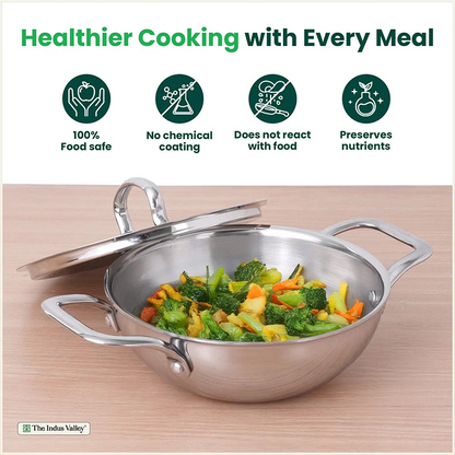 TurboCuk Tri-ply Stainless Steel Kadai+ Steel Lid, Premium Quality, 3 Layer Thick Body, 100% Toxin-free, Non-stick, Induction & Gas, 18 cm