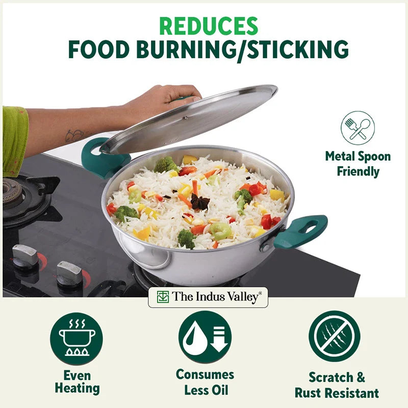 Tri-Steel Stainless Steel Kadai+ Lid, Premium Quality, Tri-ply (3 Layer) Bottom, Cool-touch Handles, 100% Toxin-free, Non-stick, Induction & Gas, 1.6/2.1/3.4/4.5 L, 20/22/26/28 cm
