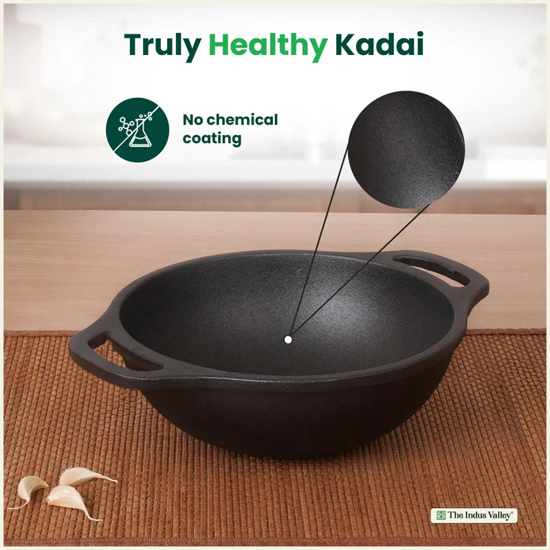 CASTrong Cast Iron Kadai, Pre-seasoned, Nonstick, 100% Pure, Toxin-free, Medium 20.9cm, 1.8kg