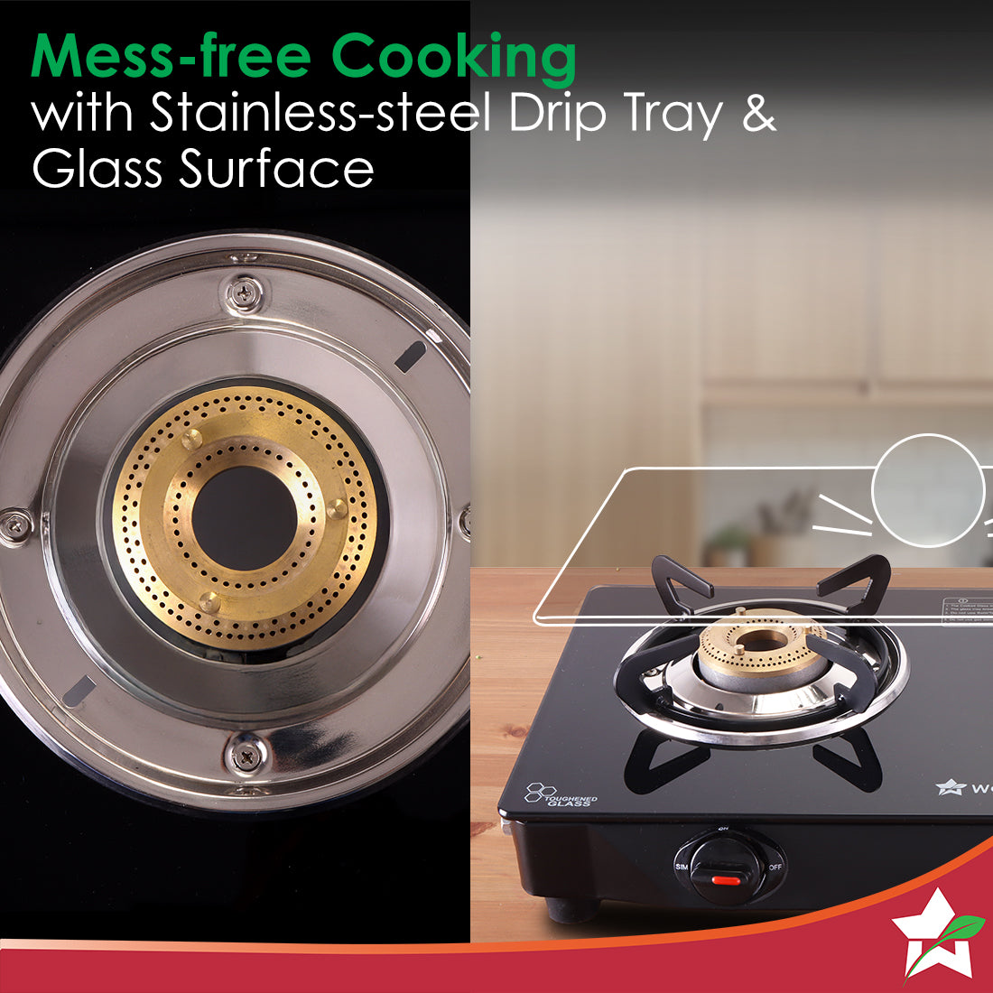 Wonderchef Zest Neo Gas Stove | 3 Burners (2 Medium, 1 Small) | Premium Glass Surface | Space Saving Design | Brass Burn