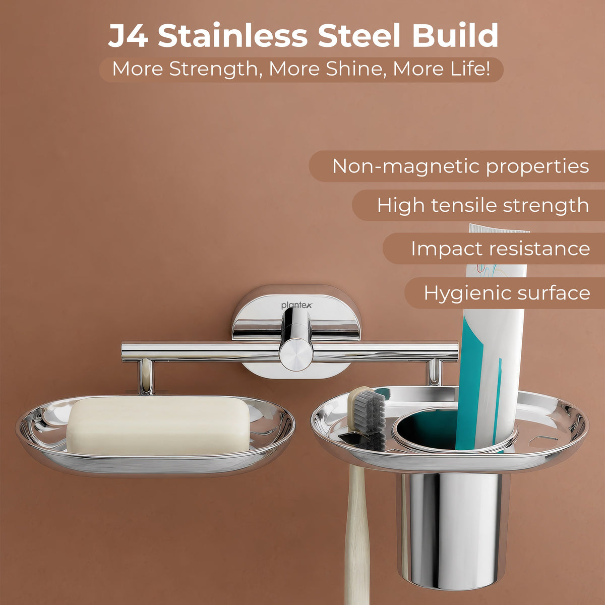 Plantex J4 Stainless Steel Soap Dish with Tumbler Holder/Soap and Brush Holder for Bathrooom/2 in 1 Soap Holder with Toothbrush Holder/Bathroom Accessories (Chrome Finish) Onix-4