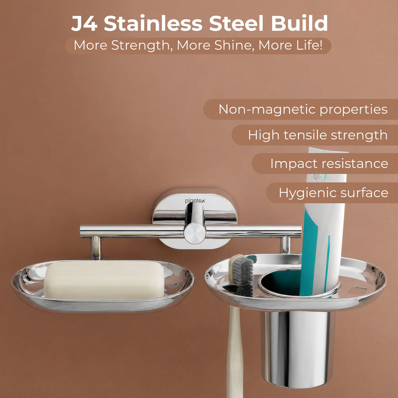 Plantex J4 Stainless Steel Soap Dish with Tumbler Holder/Soap and Brush Holder for Bathrooom/2 in 1 Soap Holder with Toothbrush Holder/Bathroom Accessories (Chrome Finish) Onix-4