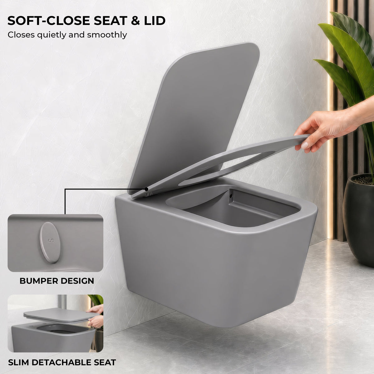 Plantex Imported Italica Ceramic Wall Hung Commode Toilet/Rimless Western Toilet/Washdown Commode with Soft Closing Toilet Seat - P Trap (Square - Matt Light Grey)-4