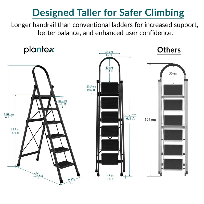 Plantex Ladder for Home 6 Steps/Foldable Ladder with Anti-Skid Wide Steps (30L x 20W cm)/Strong D-Shape Pipe with X-Shape for More Stability/5 Year Warranty(Apex-Black)-2