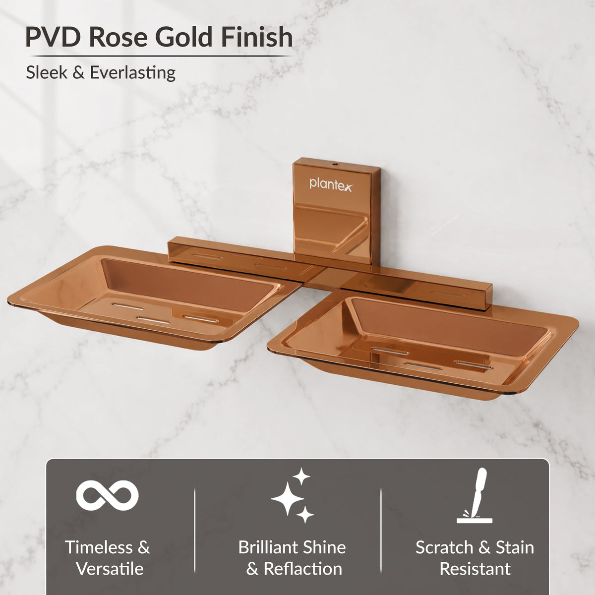 Plantex 304 Grade Stainless Steel Double Soap Stand/Dual Soap Dish/Soap Case/Soap Storage/Soap Holder for Bathroom/Bathroom Accessories - Pack of 1 (Crystal, PVD Rose Gold)-6