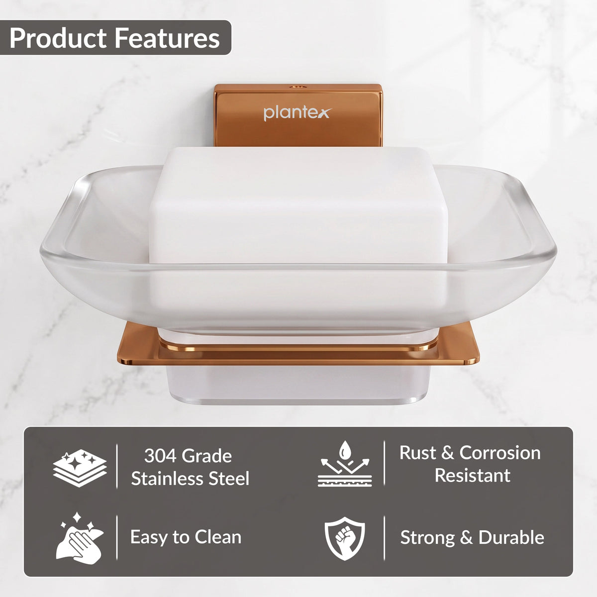 Plantex 304 Grade Stainless Steel Glass Soap Dish/Soap Stand/Soap Holder/Soap Storage/Bathroom Accessories - Crystal (PVD Rose Gold)-6