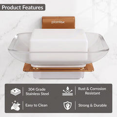 Plantex 304 Grade Stainless Steel Glass Soap Dish/Soap Stand/Soap Holder/Soap Storage/Bathroom Accessories - Crystal (PVD Rose Gold)-6
