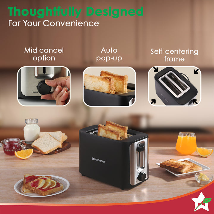 Roma 2-Slice Pop-up Toaster with Lid Cover, 6 Browning Options for Golden Crispy Bread Toasts, Mid-Cycle Cancel Function, Crumb Tray, 2-Yr Warranty, Black, Automatic Electric Toaster