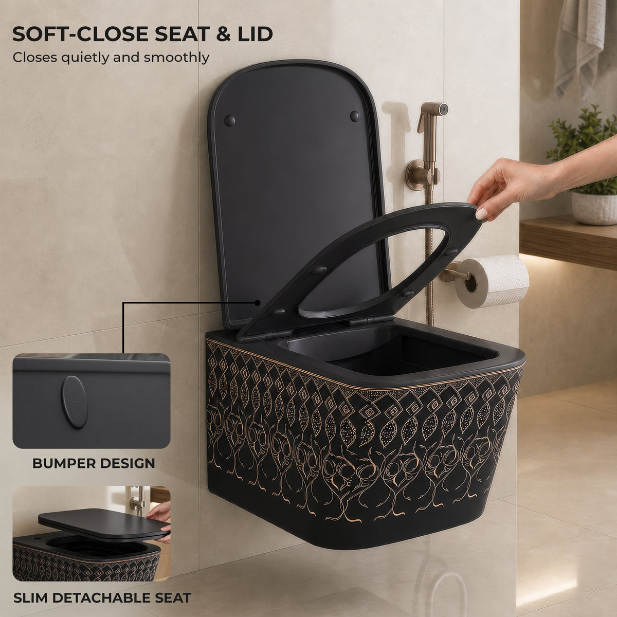 Plantex Ceramic Wall Hung Commode/Rimless Washdown Western Commode/P Trap Western Toilet with Soft Close Seat Cover - (Matt Black)-4