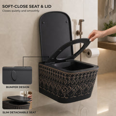 Plantex Ceramic Wall Hung Commode/Rimless Washdown Western Commode/P Trap Western Toilet with Soft Close Seat Cover - (Matt Black)-4