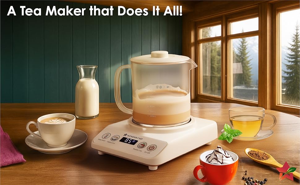 Wonderchef Chai Magic, Fully Automatic Tea & Cappuccino Maker, Make Masala Chai/Cutting Chai/Kahwa/, No Spills, No Overcooking, 4 Modes, Boil Milk/Water/Coffee, 500ML Glass Jar, 2-Yr Warranty