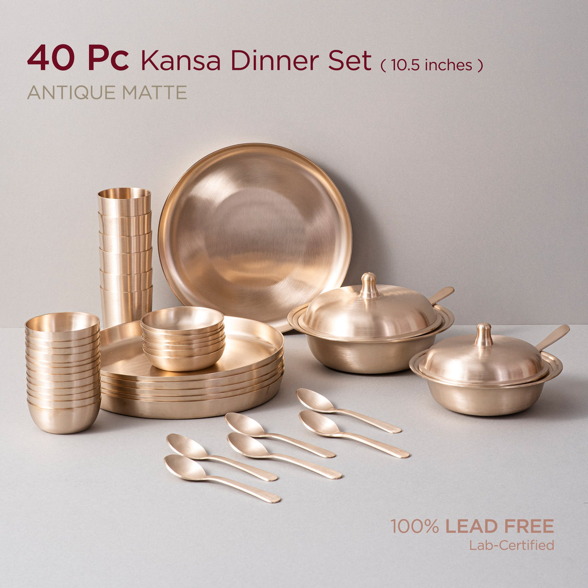 40-Piece Kansa Dinner Set • Antique Matte Finish • Serves 6 • 100% Lead Free (कांसे का डिनर सेट) | Total Weight: ~12 kg