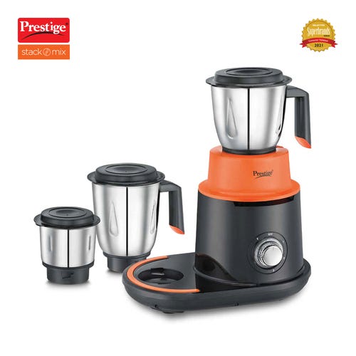 Prestige 750 Watts Stack-O-Mix Mixer Grinder with 3 Stainless Steel Jars| Jar Storage| Inclined Water Draining Outlet| Orange and Black