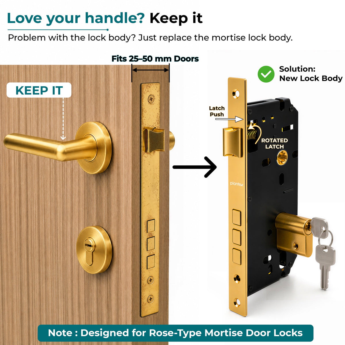 Plantex Mortise Door Lock Set with Brass Cylinder & Keys/Heavy-Duty Main Door Lock Body - Pack of 1 (PVD Gold)-5
