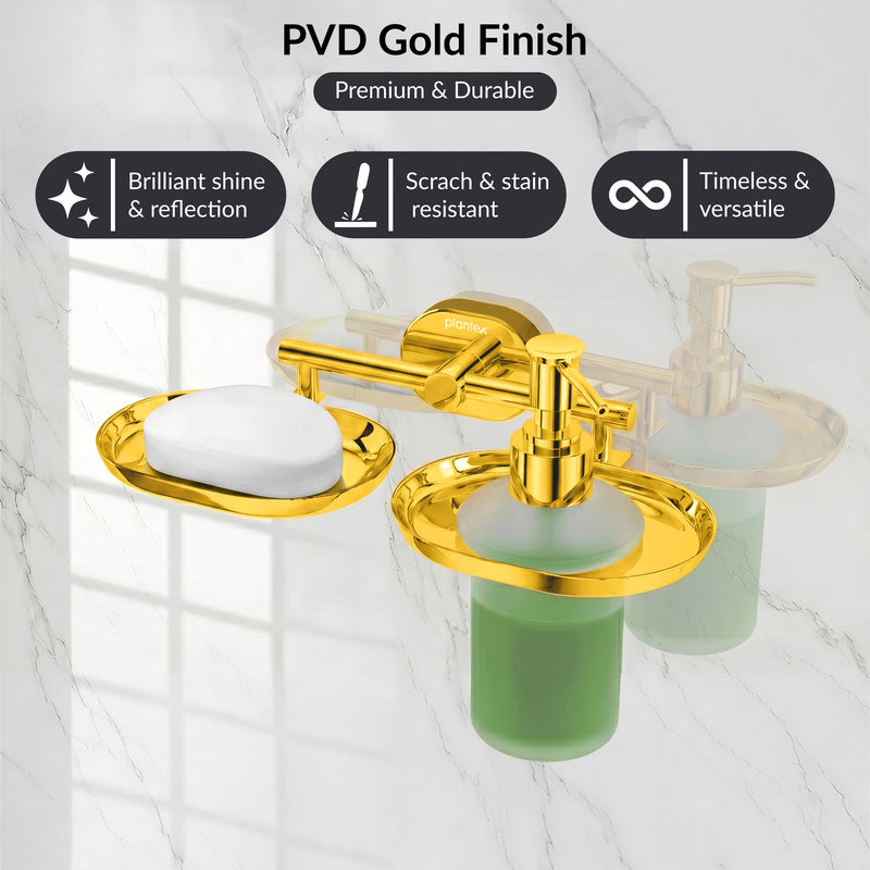 Plantex J4 Stainless Steel Soap Dish with Liquid Dispenser/Soap Stand for Bathroom Wall Mount/Shampoo Dispenser/Bathroom Accessories (PVD Gold Finish) Onix-4
