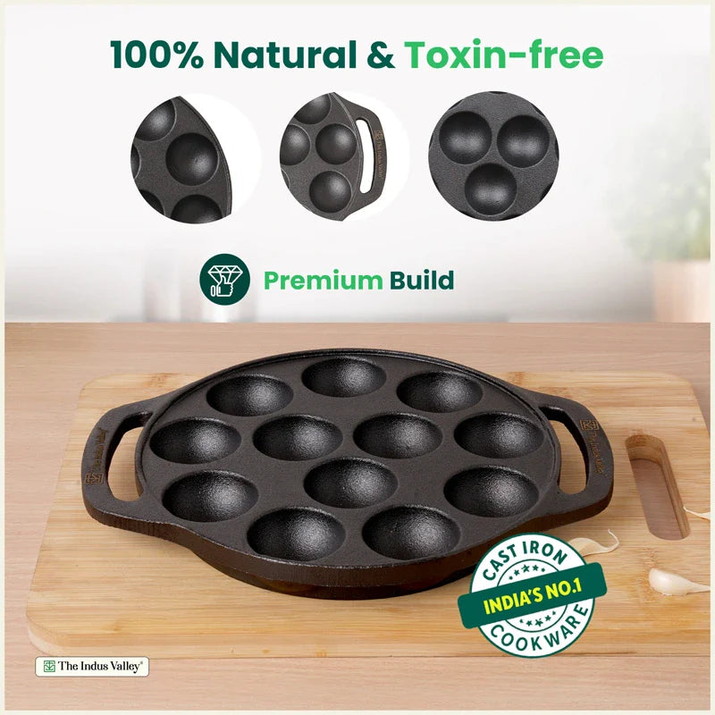 CASTrong Cast Iron Premium Paniyaram Pan, Pre-seasoned, Nonstick, 100% Pure, Toxin-free, Medium 20.8cm, 2.6kg