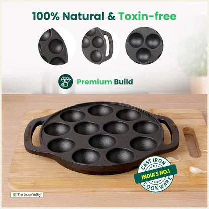 CASTrong Cast Iron Premium Paniyaram Pan, Pre-seasoned, Nonstick, 100% Pure, Toxin-free, Medium 20.8cm, 2.6kg
