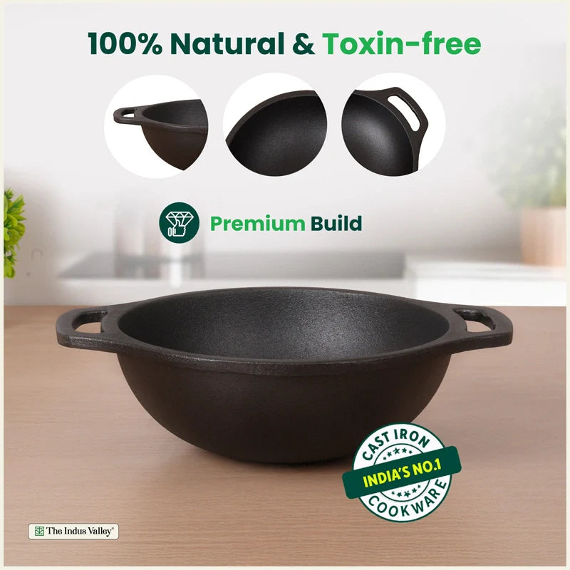 CASTrong Cast Iron Kadai, Pre-seasoned, Nonstick, 100% Pure, Toxin-free, Medium 20.9cm, 1.8kg