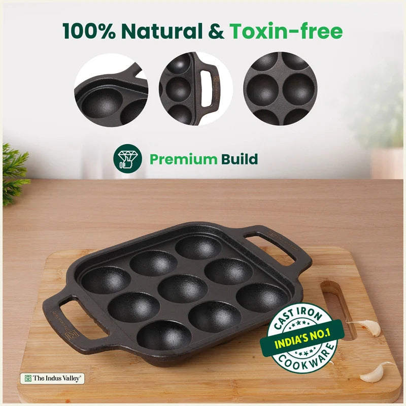 CASTrong Cast Iron Paniyaram Pan, Pre-seasoned, Nonstick, 100% Pure, Toxin-free, Medium 18.7cm, 1.6kg