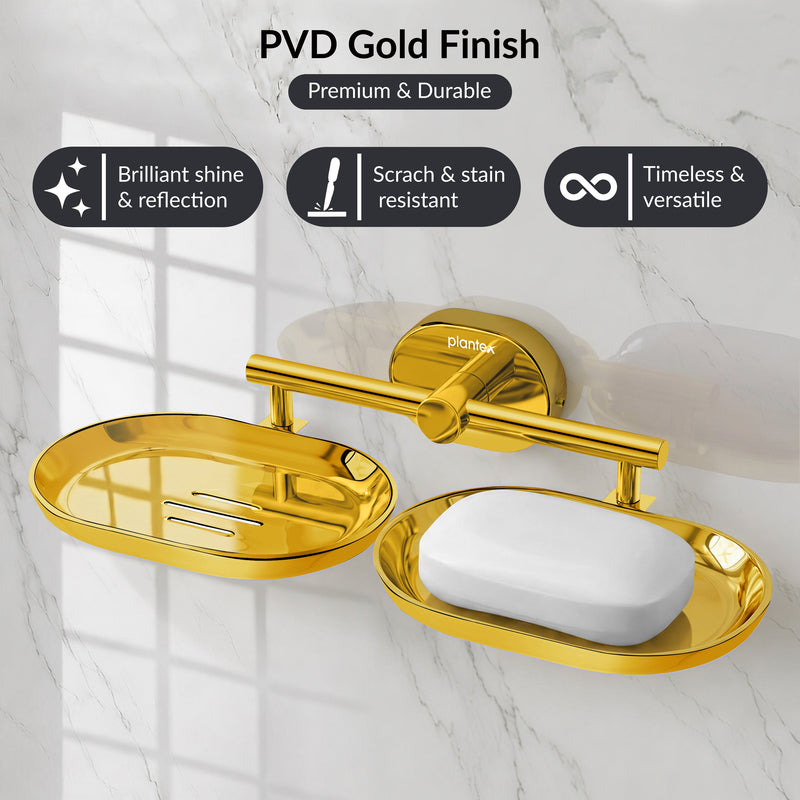 Plantex J4 Stainless Steel Double Soap Holder for Bathroom/Wall Mounted Soap Holder/Bathroom Accessories (PVD Gold Finish) Onix-4