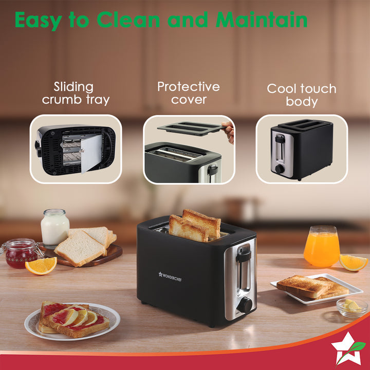 Roma 2-Slice Pop-up Toaster with Lid Cover, 6 Browning Options for Golden Crispy Bread Toasts, Mid-Cycle Cancel Function, Crumb Tray, 2-Yr Warranty, Black, Automatic Electric Toaster