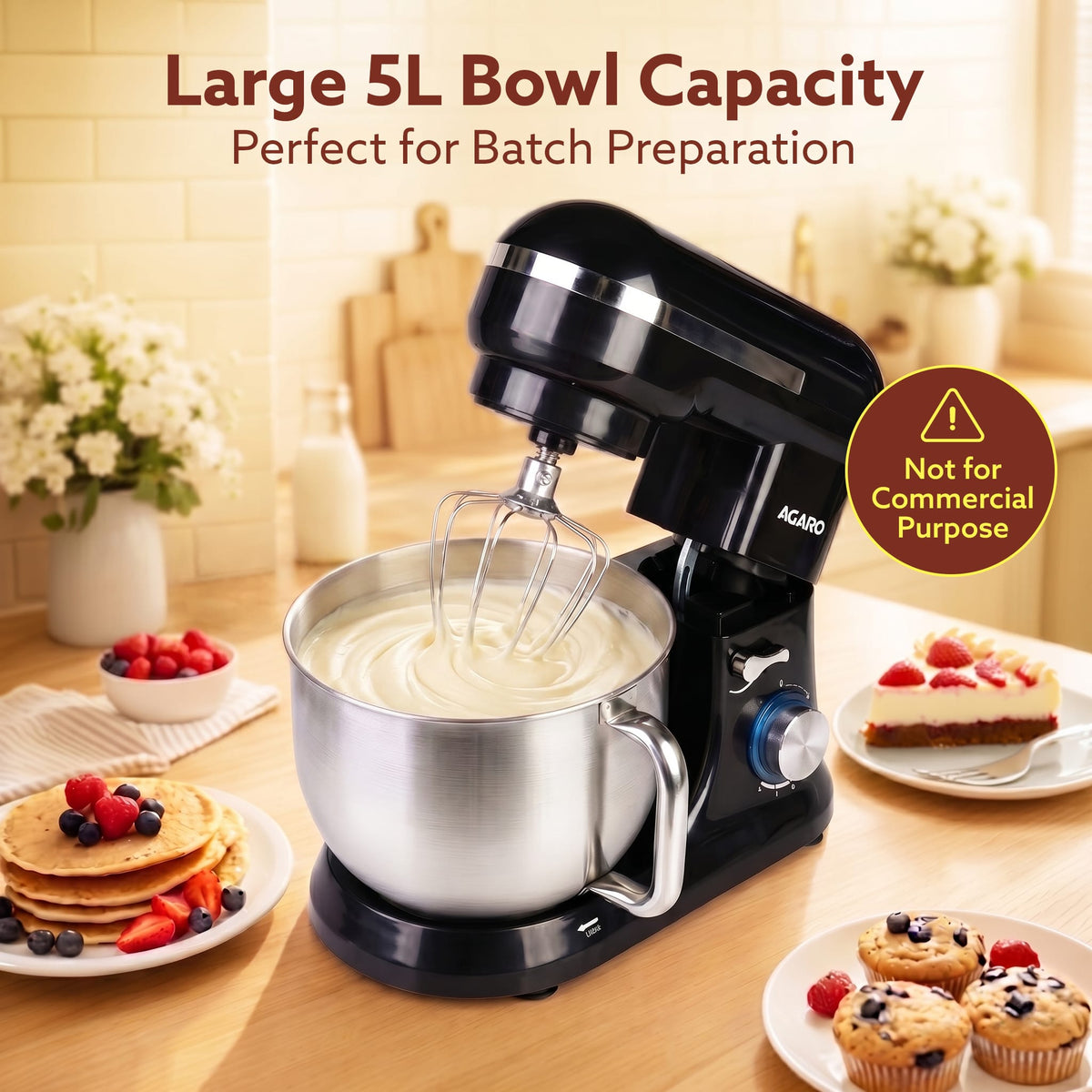 AGARO Royal Stand Mixer, Dough Maker Machine, 1000W Atta Maker, 100% Copper Motor, 5L SS Bowl, 8 Speed + Pulse Function,