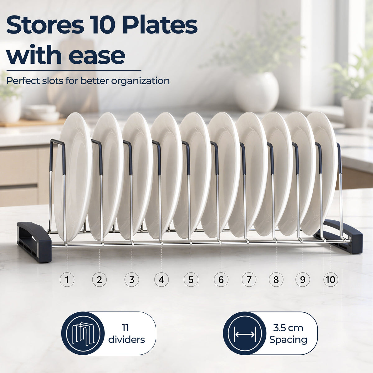 Plantex Sturdy Stainless Steel Plate Organizer for Kitchen/10 Plate Stand for Plateform/Rubber Gripped Thali Rack(Slot-10, Pack of 1, Size-10 Inches)-5
