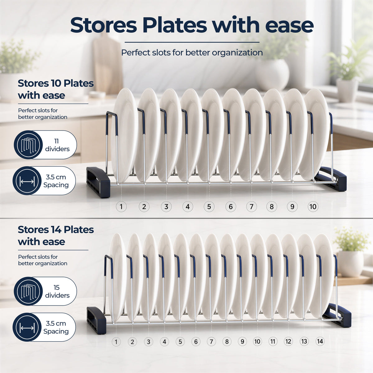 Plantex Stainless Steel Plate Organizer for Kitchen/Plate Holder Stand/Thali Stand for Kitchen Drawer/Saucer Plates Rack/Tandem Box Accessories – Set of 2 (Size - 4 & 8 Inch, Slots 10–14, Chrome)-5
