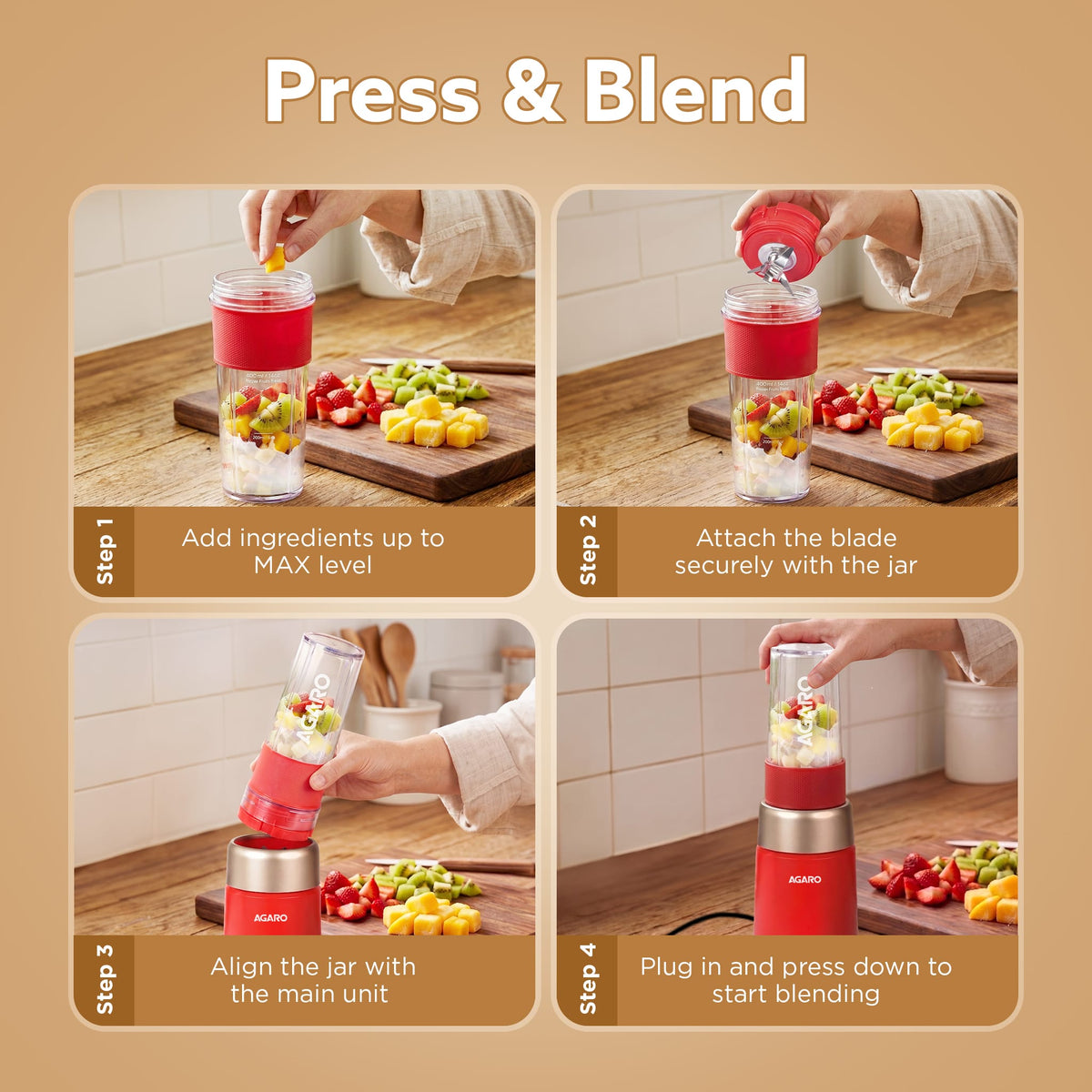 AGARO Primo Plus Personal Blender with 2 (500ml) Jars Red-5