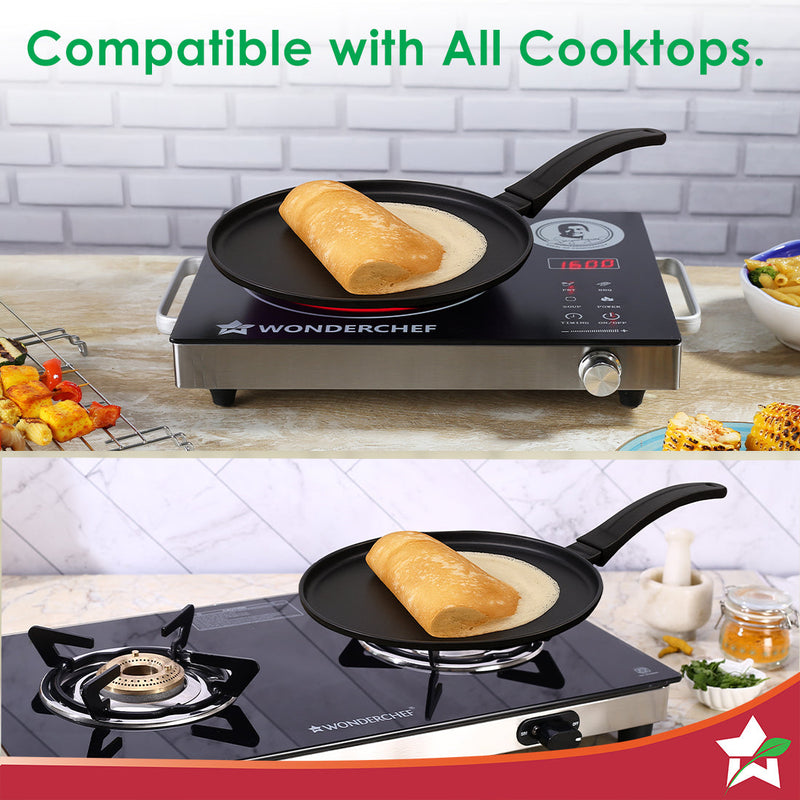 Inducta Die-cast Dosa Tawa, 28cm, 4mm, Japanese Non-stick Coating, Cook with Less Oil, For Dosas, Rotis, Parathas, Omelettes, Pancakes, Compatible with All Cooktops, 2-Yr Warranty, Black