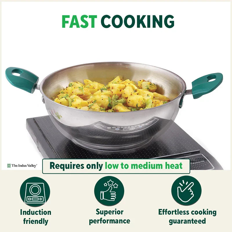 Tri-Steel Stainless Steel Kadai+ Lid, Premium Quality, Tri-ply (3 Layer) Bottom, Cool-touch Handles, 100% Toxin-free, Non-stick, Induction & Gas, 1.6/2.1/3.4/4.5 L, 20/22/26/28 cm