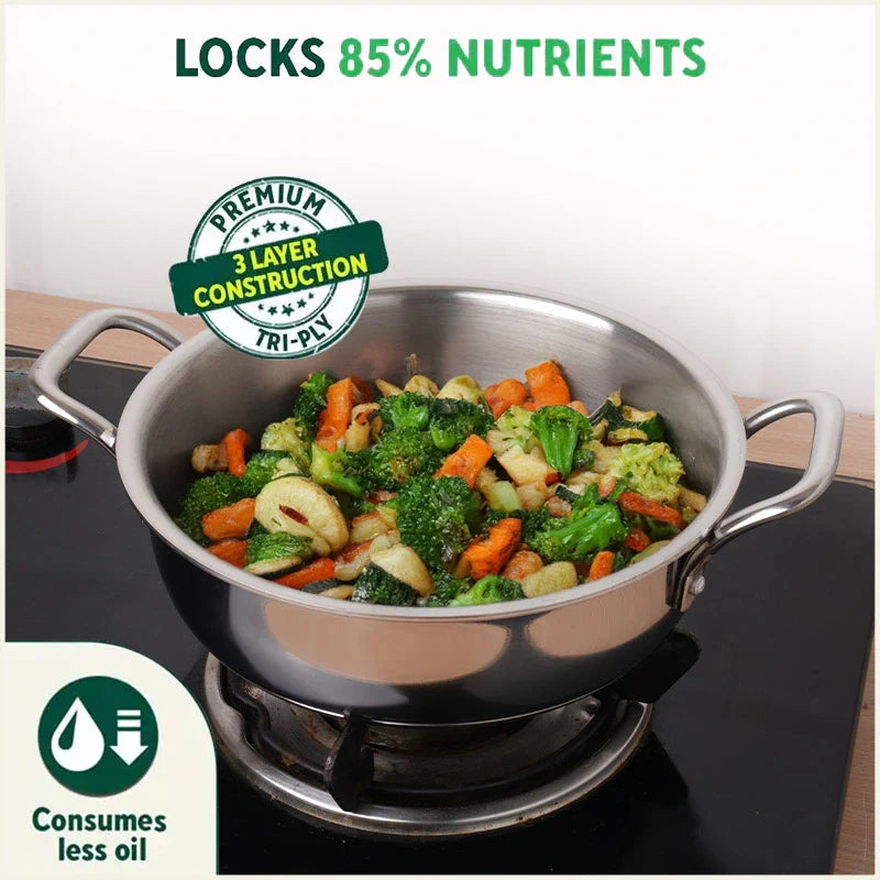 TurboCuk Tri-ply Stainless Steel Deep Fry Pan+ Glass Lid, Premium Quality, 3 Layer Thick Body, 100% Toxin-free, Non-stick, Induction & Gas, 20.3cm, 1.5 L, 1.38kg