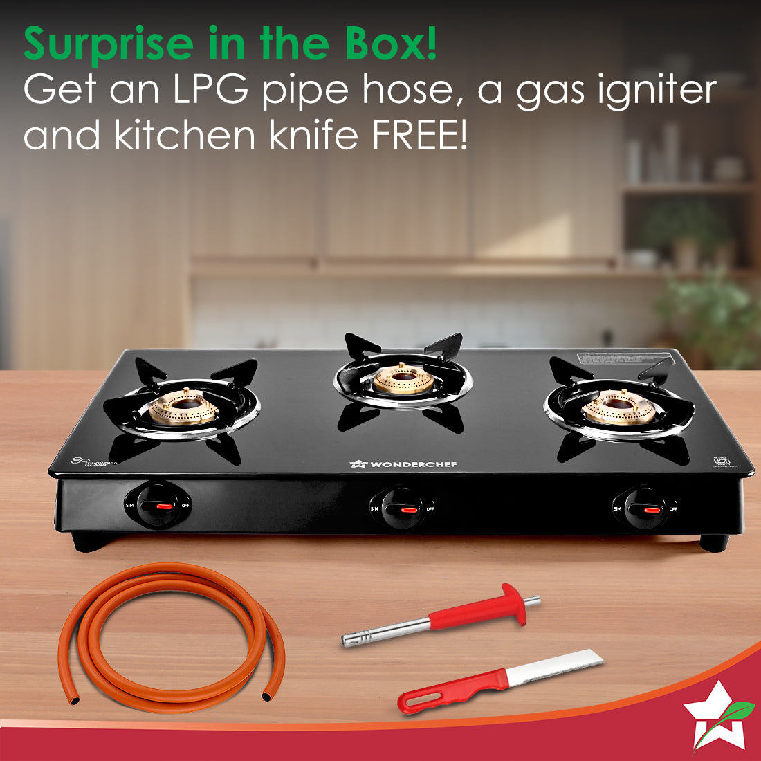 Wonderchef Zest Neo Gas Stove | 3 Burners (2 Medium, 1 Small) | Premium Glass Surface | Space Saving Design | Brass Burn