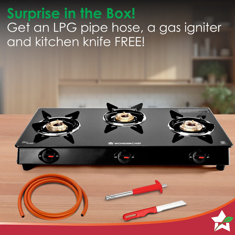 Wonderchef Zest Neo Gas Stove | 3 Burners (2 Medium, 1 Small) | Premium Glass Surface | Space Saving Design | Brass Burn