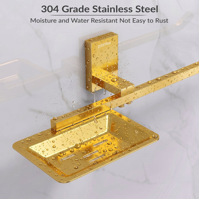 Plantex 304 Grade Stainless Steel Soap Dish with Napkin Ring/Soap Stand/Soap Holder/Napkin Holder/Towel Hanger for Bathroom/Bathroom Accessories - Pack of 1 (Crystal, PVD Gold)-4