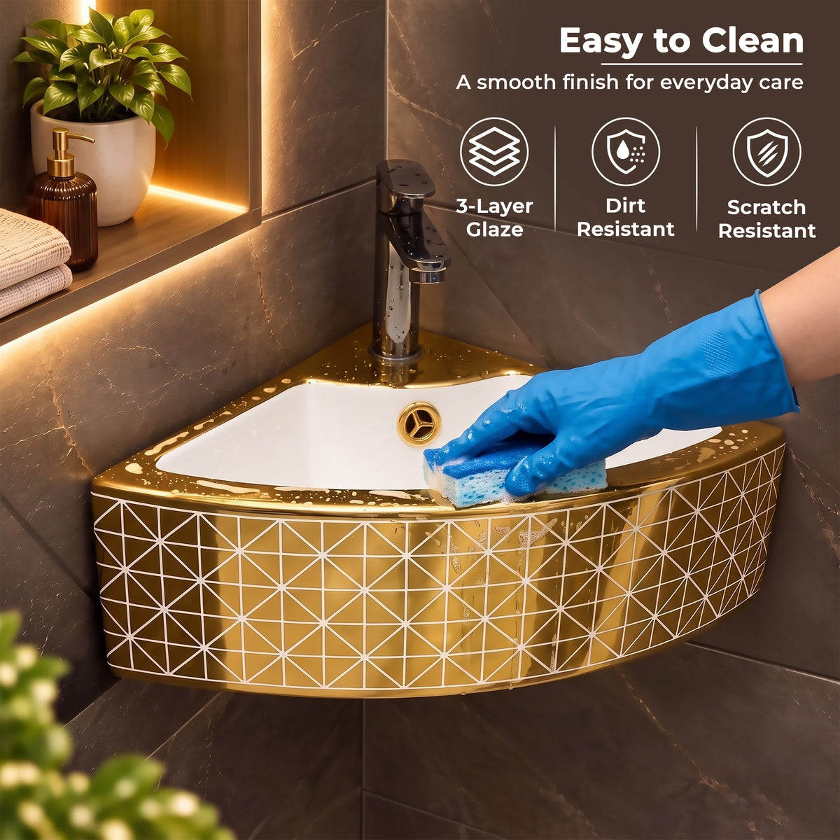 Plantex Ceramic Corner Basin/Wall Mount Washbasin for Bathroom/Small Corner Vessel Sink/Tabletop Wash Basin (Golden Cornia, 18 x 13 x 5 Inch)-4