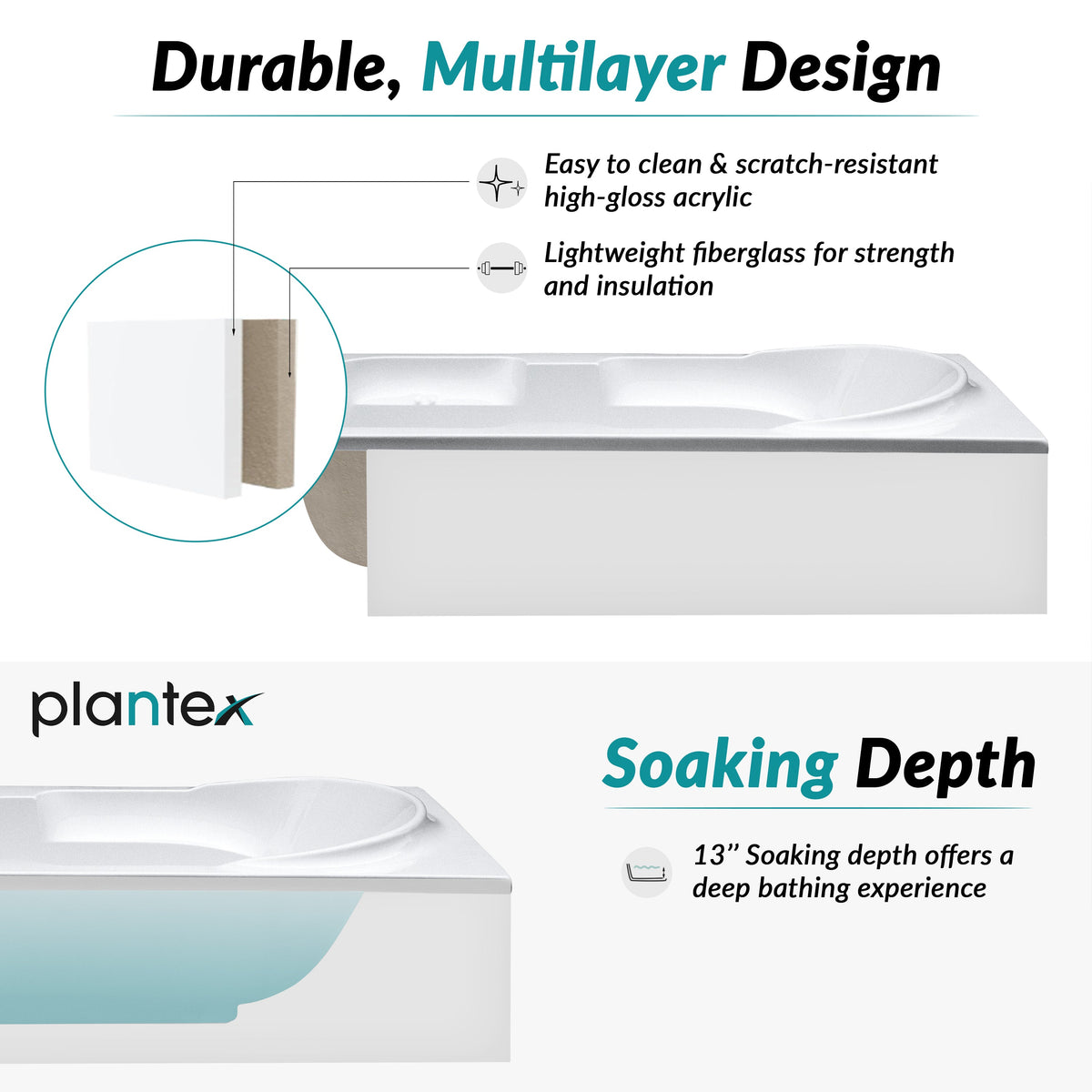 Plantex Bathtub For Bathroom/Bath tub for Adults/Deep Soaker Bathtub with Overflow and Waste Coupling Accessories (White - 1670 mm)-2