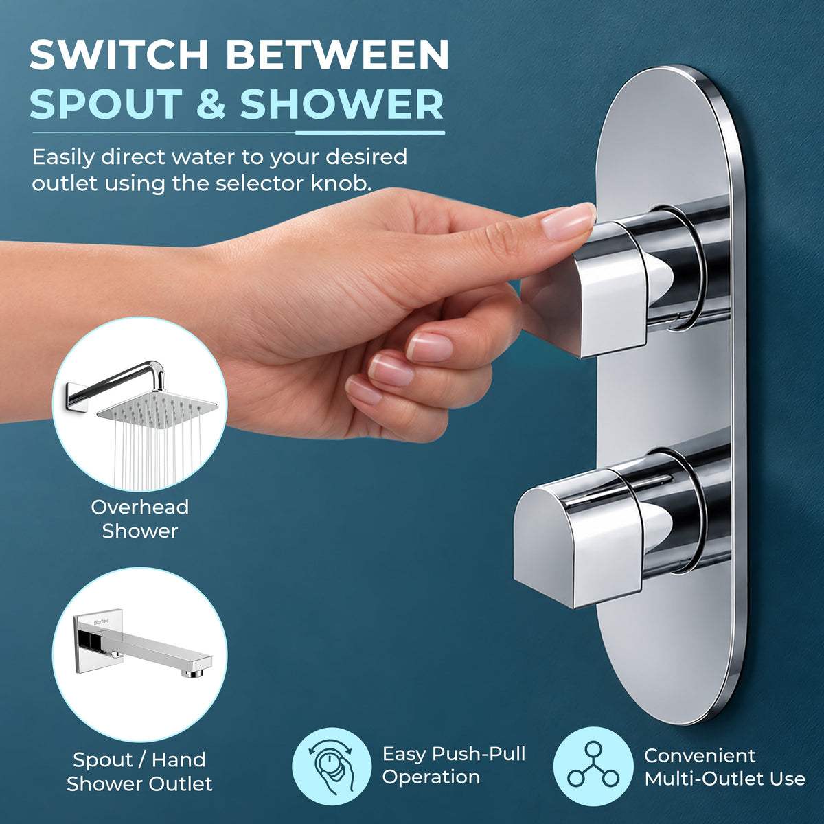 Plantex 3 Way Thermostatic Shower Diverter/Pure Brass Concealed & Exposed 3-Outlet Mixer Valve Body/Multi-Function Bathroom Diverter with Button Control - Chrome (TSP-095A)-5