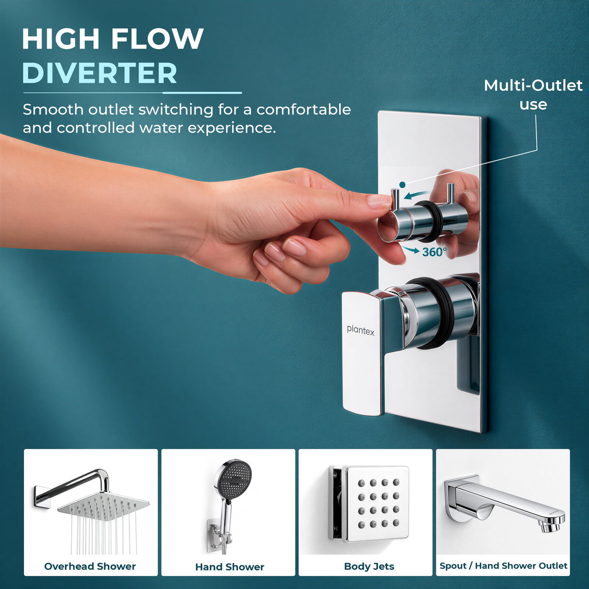 Plantex 4 Way Thermostatic Shower Jet Diverter with Single Lever High Flow Mixer/Pure Brass Concealed Body & Exposed Parts Kit/Outlet Bathroom Valve - Chrome (Kubix Premium-2586)-5